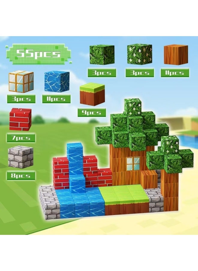 My Magnetic Square Magnet Stone 2.5CM Building Blocks World Children's Educational Assembled Toy Boy Gift-Color:2.5cm Liushui House 1 [55pcs] Free 2 Dolls  - Image 1
