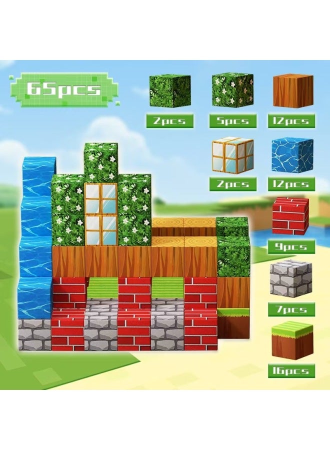 My Magnetic Square Magnet Stone 2.5CM Building Blocks World Children's Educational Assembled Toy Boy Gift-Color:2.5cm Liushui House 1 [55pcs] Free 2 Dolls  - Image 3