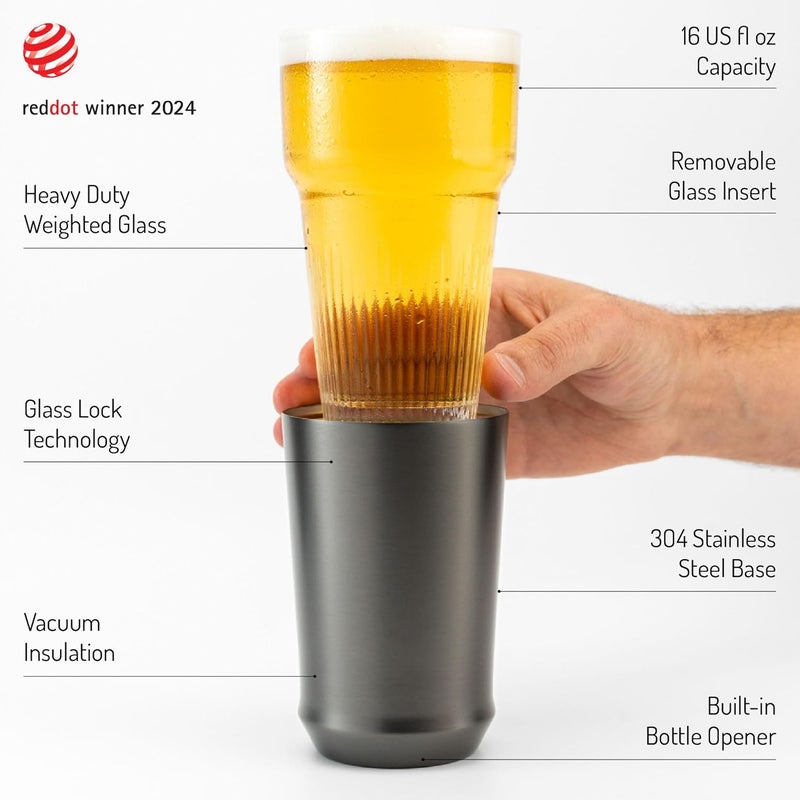 Elevated Craft Hybrid Vacuum Insulated Stainless Steel Base with Removable Pint Glass Insert, Ideal Insulation for Beers & Cold Beverages with Built-in Bottle Opener, Durable & Stylish, Black (16 oz) - Image 1