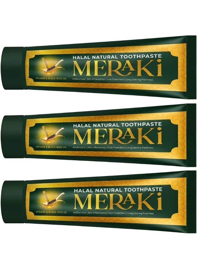 Meraki Natural Toothpaste with Miswak & Black Seed Oil, Antibacterial Fluoride Free Toothpaste for Sensitive Teeth, Whitening, Gum Care, Herbal Ayurvedic Dental Care (Pack of 3)-360 Gram - Image 1
