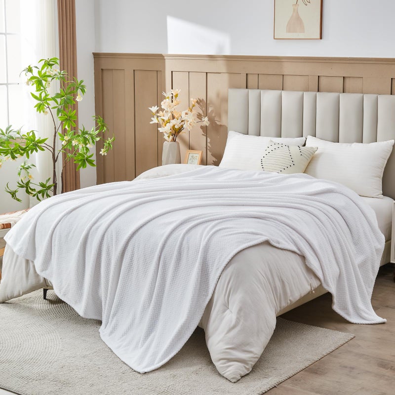 NEWCOSPLAY Super Soft King Blanket White Premium Silky Flannel Fleece Leaves Pattern Lightweight Bed Blanket All Season Use (White, King(90"x110")) - Image 2