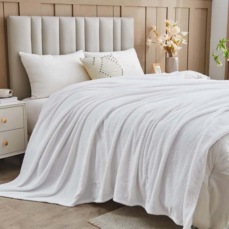 NEWCOSPLAY Super Soft King Blanket White Premium Silky Flannel Fleece Leaves Pattern Lightweight Bed Blanket All Season Use (White, King(90"x110")) - Image 4