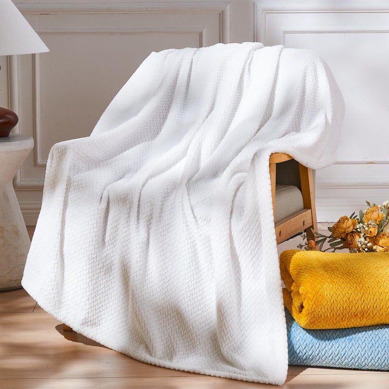 NEWCOSPLAY Super Soft King Blanket White Premium Silky Flannel Fleece Leaves Pattern Lightweight Bed Blanket All Season Use (White, King(90"x110")) - Image 3