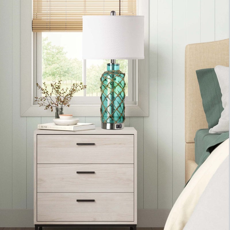 PARTPHONER Cottage Nautical Accent Table Lamp Set of 2, Touch Control Coastal Blue Green Glass Rope Net Bedside Lamp with 2 USB Ports, 3-Way Dimmable Nightstand Lamps with White Shade for Living Room, Bedroom - Image 2