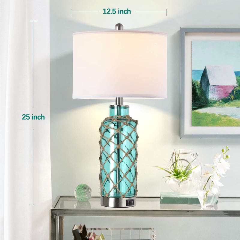 PARTPHONER Cottage Nautical Accent Table Lamp Set of 2, Touch Control Coastal Blue Green Glass Rope Net Bedside Lamp with 2 USB Ports, 3-Way Dimmable Nightstand Lamps with White Shade for Living Room, Bedroom - Image 5