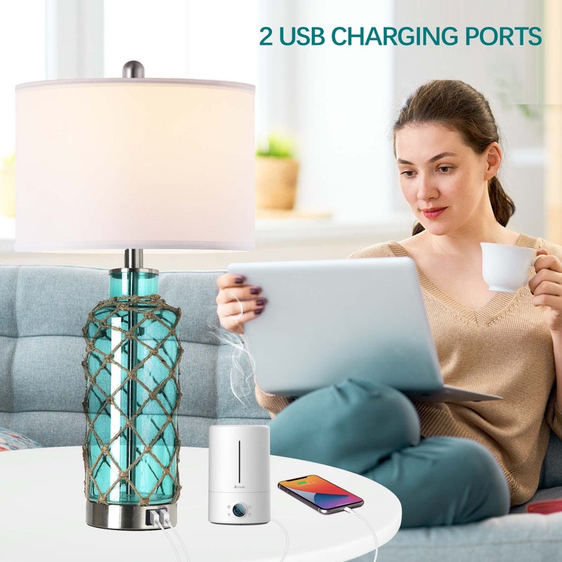 PARTPHONER Cottage Nautical Accent Table Lamp Set of 2, Touch Control Coastal Blue Green Glass Rope Net Bedside Lamp with 2 USB Ports, 3-Way Dimmable Nightstand Lamps with White Shade for Living Room, Bedroom - Image 4