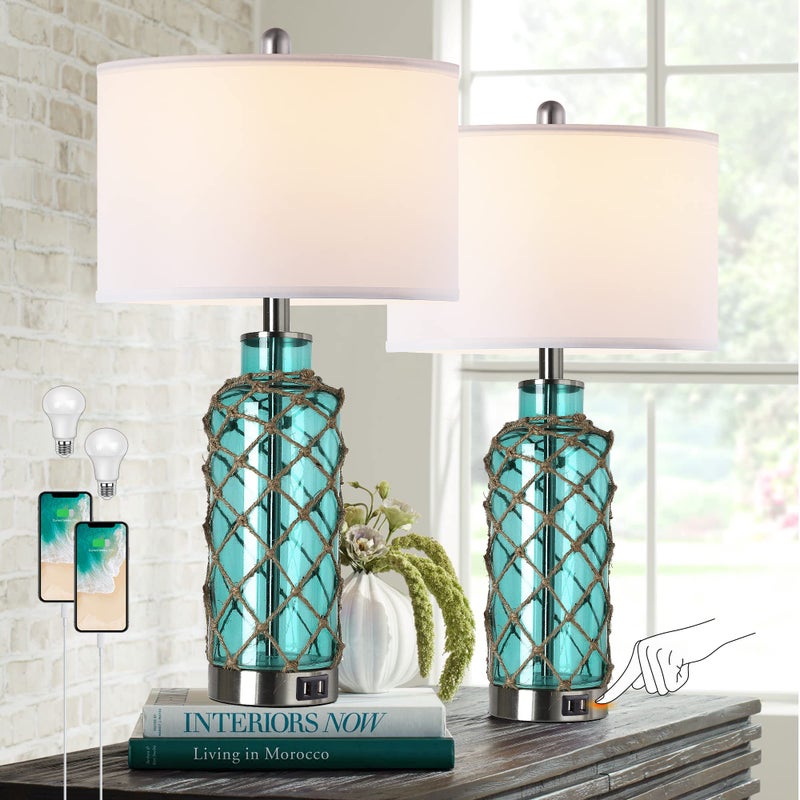 PARTPHONER Cottage Nautical Accent Table Lamp Set of 2, Touch Control Coastal Blue Green Glass Rope Net Bedside Lamp with 2 USB Ports, 3-Way Dimmable Nightstand Lamps with White Shade for Living Room, Bedroom - Image 1