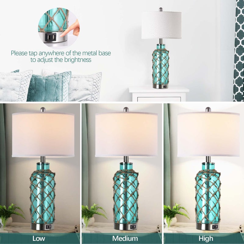 PARTPHONER Cottage Nautical Accent Table Lamp Set of 2, Touch Control Coastal Blue Green Glass Rope Net Bedside Lamp with 2 USB Ports, 3-Way Dimmable Nightstand Lamps with White Shade for Living Room, Bedroom - Image 3