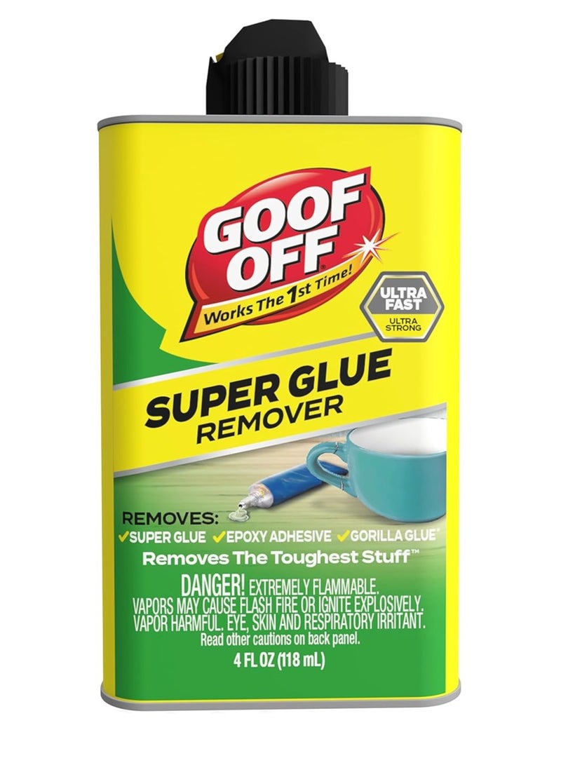 Goof Off FG678 Pro Strength Super Glue Remover 4oz (118ml) Powerful Adhesive Remover for Super Glue, Epoxy & Tough Residue, Multi-Surface Cleaner, Yellow Can - Image 1