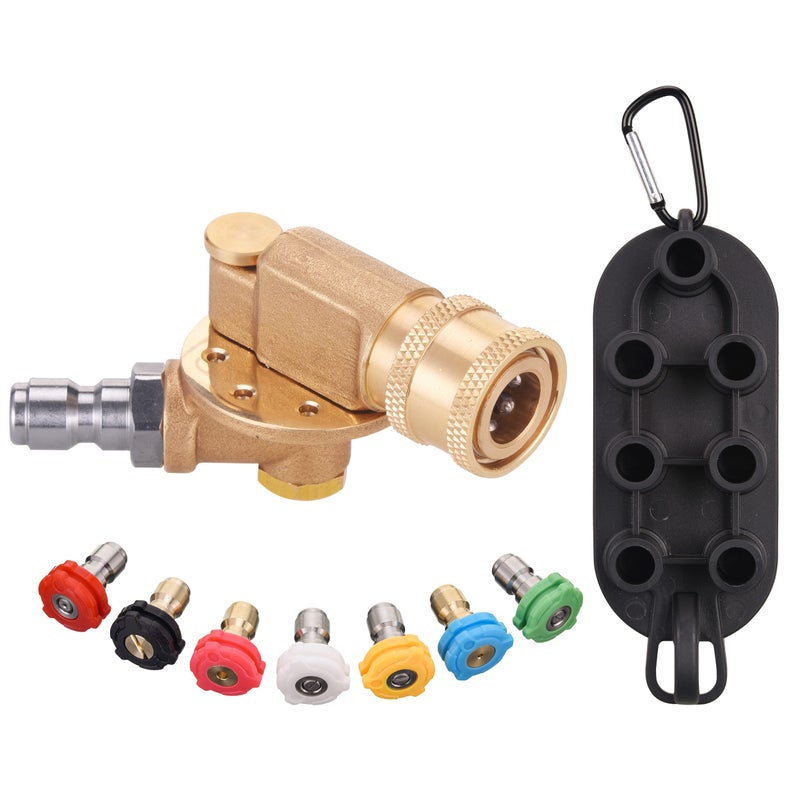 PWACCS Pressure Washer Pivoting Coupler Kit, 240 Degree Rotation, Pressure Washer Accessories Kit Including Gutter Cleaner Attachment and 7 Spray Nozzle Tips with Holder, 1/4" Quick Connect, 4500 PSI - Image 1