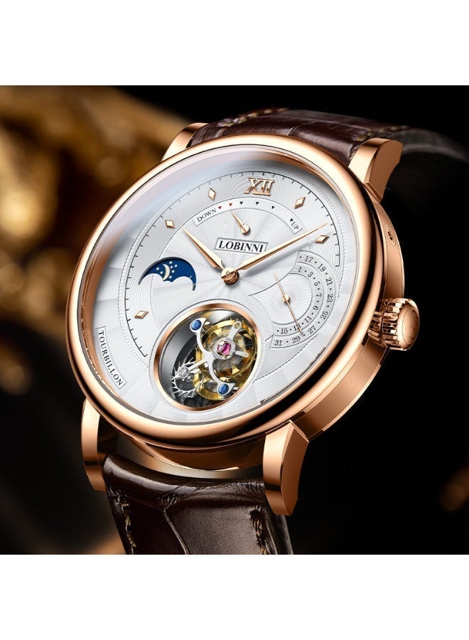 LOBINNI Exquisite Life Tourbillon Men's Watch – Rare Skeleton Dial Featuring 17 Jewels, 31.29mm Gold-Tone Case, and "DOWN" Crown Function – A Statement of Success - Image 5