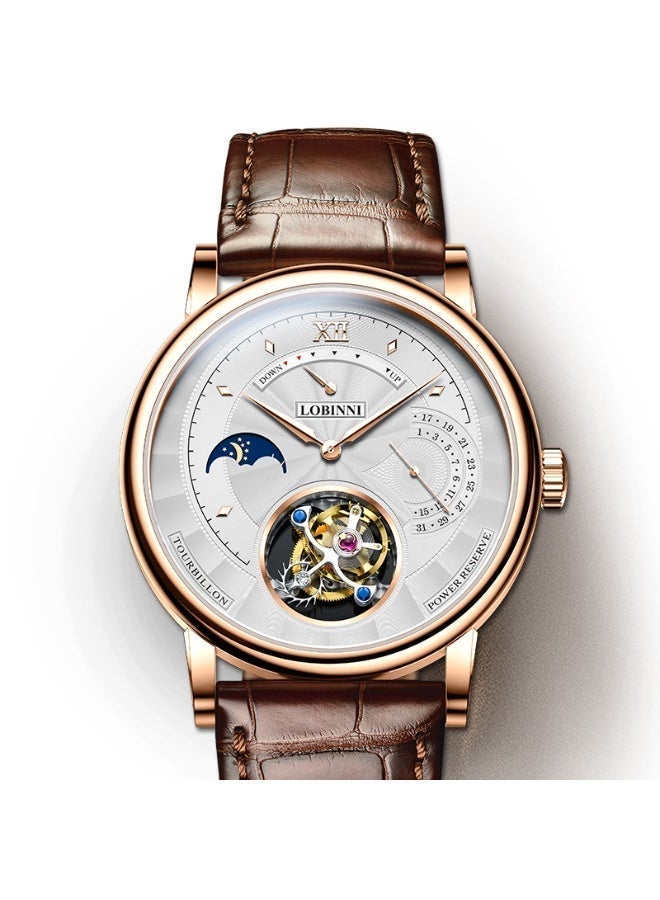 LOBINNI Exquisite Life Tourbillon Men's Watch – Rare Skeleton Dial Featuring 17 Jewels, 31.29mm Gold-Tone Case, and "DOWN" Crown Function – A Statement of Success - Image 4