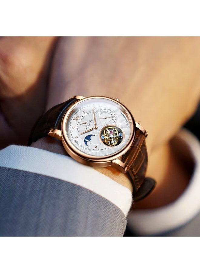 LOBINNI Exquisite Life Tourbillon Men's Watch – Rare Skeleton Dial Featuring 17 Jewels, 31.29mm Gold-Tone Case, and "DOWN" Crown Function – A Statement of Success - Image 3