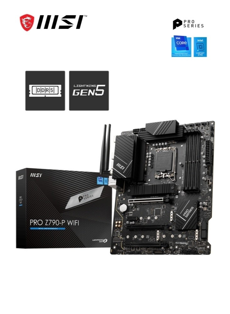 MSI PRO Z790-P WIFI | DDR5 ATX Motherboard | LGA 1700 Socket, Intel Z790 Chipset | 4x DDR5 Slots (128GB Max), Wi-Fi 6E / BT 5.2, 2.5Gbps LAN, M.2 Shield Frozr, PCIe 5.0, Lightning Gen5, 14+2 Duet Rail VRM, USB 3.2 Gen 2x2, Enhanced Audio, Multi-Layer PCB, Dual PCIe M.2 Slots, Enhanced Thermal Design | 911-7E06-091 - Image 1