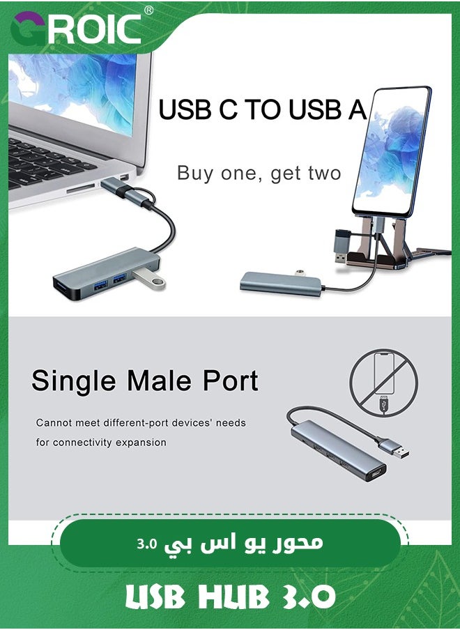 GROIC USB Hub, 4 Ports Double Adapter USB Extender Ultra Slim USB C to USB Adapter 3.0/2.0 Aluminum Alloy USB Splitter for Desktop Computer PC Mobile Phone and Type C and USB Devices  - Image 2