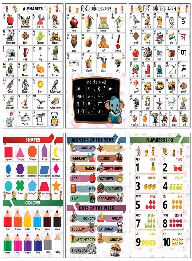 SWASUM Educational Posters for Kids learning Hindi varn vyanjan Alphabets, Numbers, Shapes, Color, Week days, Month names for Preschool Activities Pack of 06 (Paper) - Image 1