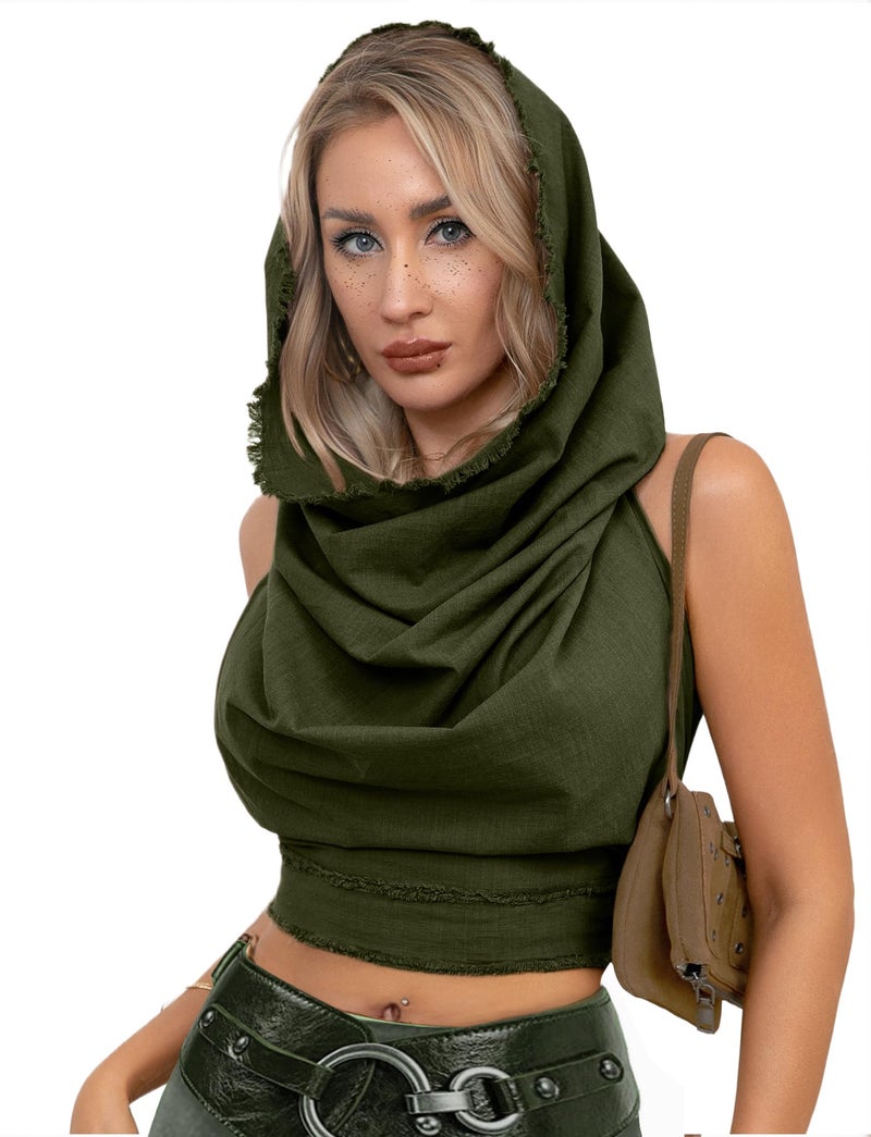 ST.Manrdy ST. Manrdy Women's Halter Crop Top - Boho Open Back Cross Wrap Swimsuit Cover Up, 100% Cotton, Washed Raw-Edge Sleeveless Tank(Olive Green) - Image 1
