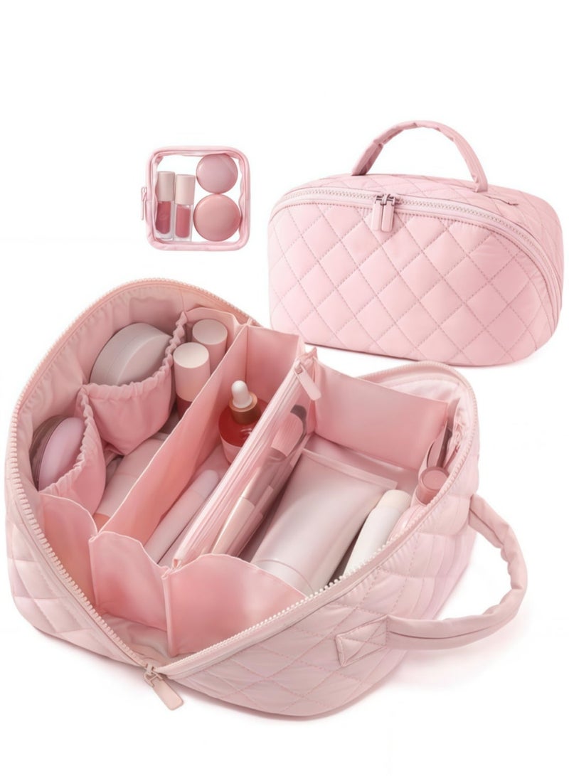 Puffy Makeup Bag for Travel, 180° Lay-Flat Cosmetic Bag Organizer with Compartments, Water-Resistant Taslon Toiletry Bag for Women – Valentine's Day Gift for Her - Image 1
