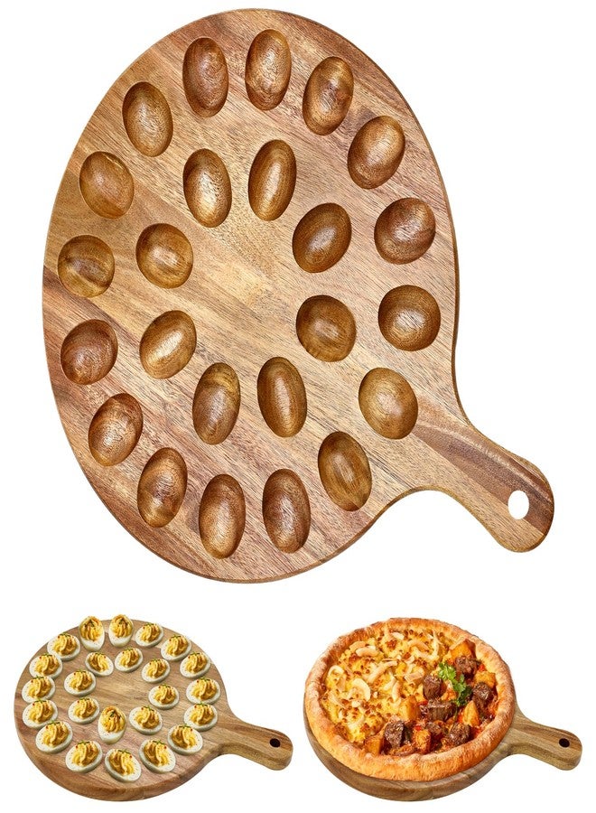 Hilislog Acacia Wood Deviled Egg Platter Round Tray for Devilled Eggs Container Countertop Kitchen Easter Gift Cheese Charcuterie Board Wooden Serving Dish Large Egg Holder Hosting Essentials Devil Egg Plate - Image 1