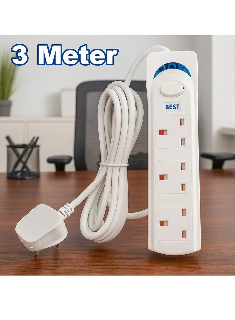 Best 3-Outlet Extension Cord  - Best Power Strips Extension Cord | 3 Sockets Universal Plug Adapter with 3Meter Bold Extension Cable | Power Socket | Extension Board | Extension Cable | Extension Socket 1700W (White) - Image 3