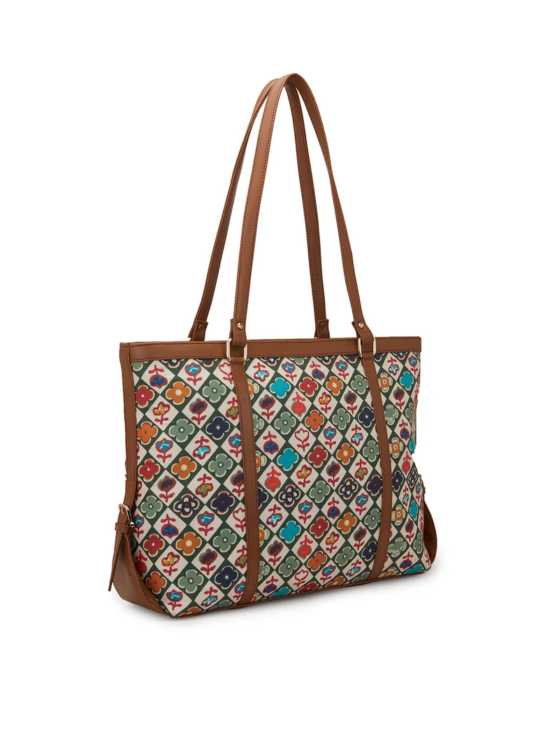 globus Globus Women Green Floral Print Double Handle Oversized Workwear Tote Bag With Upto 16 Inch Laptop Size