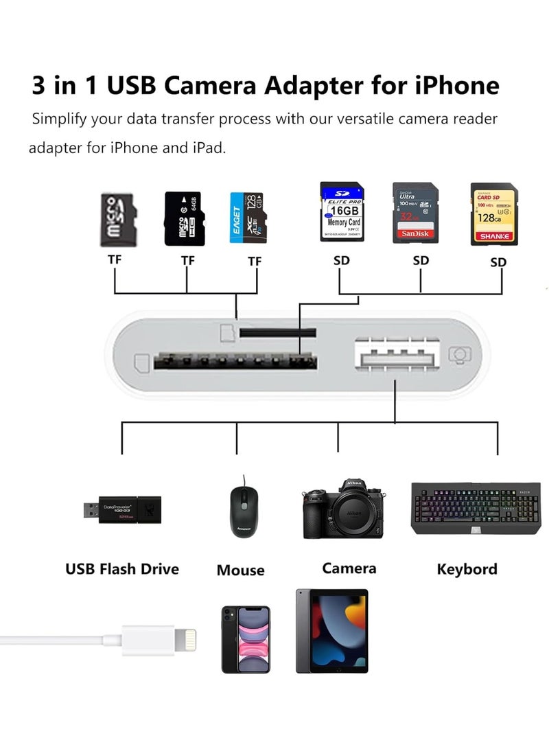 محول لايتنينج 3 في 1 لأجهزة آيفون وآيباد – قارئ بطاقات SD وMicro SD مع منفذ USB OTG لنقل الصور والفيديو - Image 2