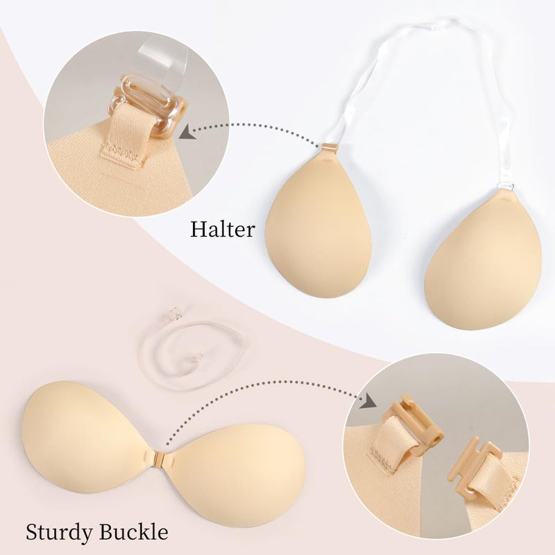 Sexy Code 1701 Invisible Adhesive Push-Up Bra Sticky Strapless Bra with Clear Halter Neck Strap for Backless Dresses/Tops(D413-Beige-A - Image 4