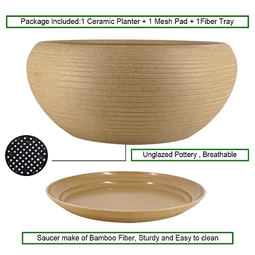 MUZHI 9.5” Round Large Ceramic Bonsai Bowl Planter，Clay Succulent Plant Pot Container with Saucer - Image 3