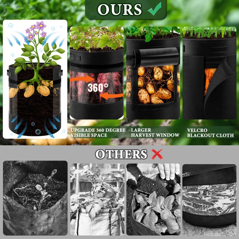 UJG 3 Pack 10 Gallon 360Â° Visibility Potato Grow Bags with Shading Flap, Plant Grow Bags for Growing Potatoes Heavy Duty Thickened Nonwoven Fabric Gardening Vegetable Growing Bags with Harvest Window - Image 5