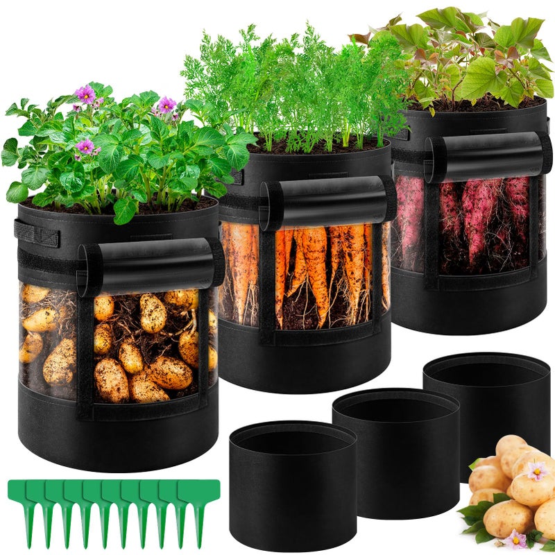 UJG 3 Pack 10 Gallon 360Â° Visibility Potato Grow Bags with Shading Flap, Plant Grow Bags for Growing Potatoes Heavy Duty Thickened Nonwoven Fabric Gardening Vegetable Growing Bags with Harvest Window - Image 1