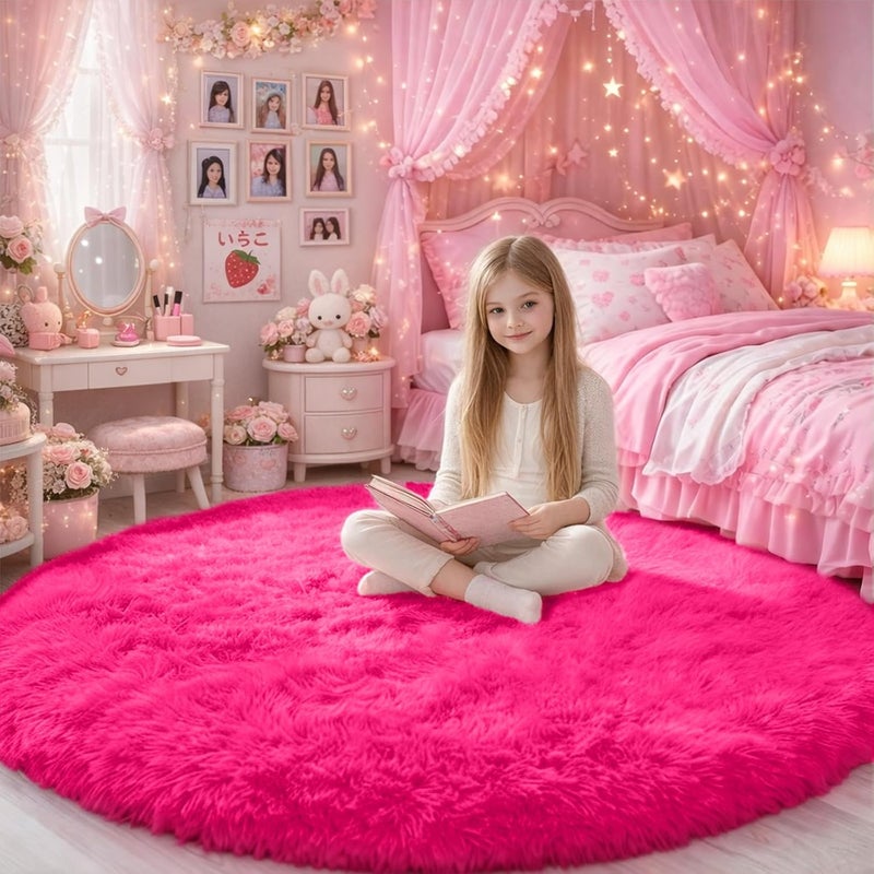 Amdrebio Hot Pink Round Rug for Girls Bedroom,Fluffy Circle Rug 5'X5' for Kids Room,Furry Carpet for Teen Girls Room,Shaggy Circular Rug for Nursery Room,Fuzzy Plush Rug for Dorm,Pink Carpet,Cute Room Decor - Image 4