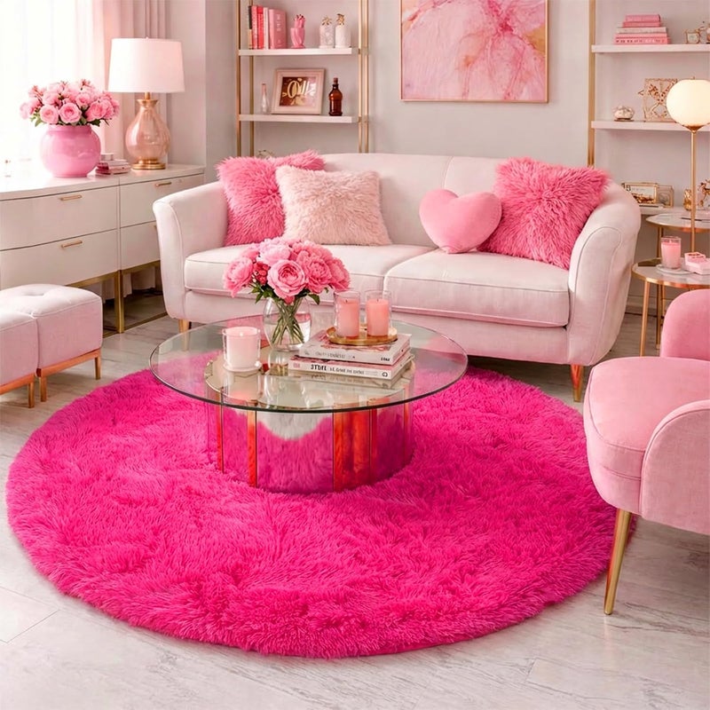 Amdrebio Hot Pink Round Rug for Girls Bedroom,Fluffy Circle Rug 5'X5' for Kids Room,Furry Carpet for Teen Girls Room,Shaggy Circular Rug for Nursery Room,Fuzzy Plush Rug for Dorm,Pink Carpet,Cute Room Decor - Image 3