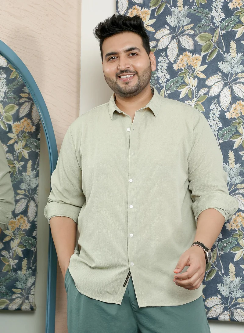 انستافاب بلس Instafab Plus Men's Asparagus Green Solid Seersucker Shirt | Spread Collar , Long Cuffed Sleeves , Button Closure , Curved Hemline | Solid Textured Polyester Blend Material For Street & Casual Wear
