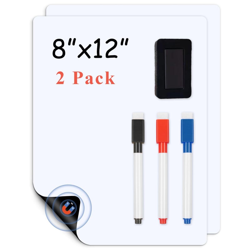 LYZZXI Magnetic Fridge White Board Paper, 8" x 12" 2 Pack Small Dry Erase Board Sheet for Organizer and Planner, Kitchen Refrigerator Whiteboard for Family to-do List, Includes Markers and Eraser - Image 1