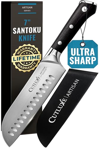 Cutluxe Santoku Knife  7 Chopping Knife Vegetable Knife  Forged High Carbon German Steel  Sheath Included  Full Tang  Razor Sharp  Ergonomic Handle Design  Artisan Series