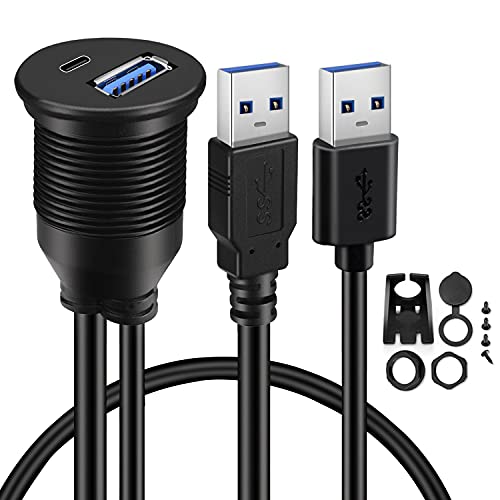BATIGE USB 3.0 to Type C 3.0 Car Mount Flush Cable Dual Port Male to Female Extension Waterproof Cable for Car Truck Boat Motorcycle Dashboard Panel - 3ft - Image 1
