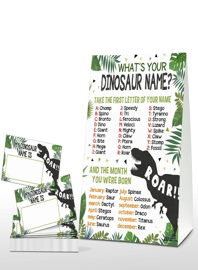 Foosproea What's Your Dinosaur Name Game - Safari Jungle Birthday Party Games for Boys - Family School Classroom Activity - 1 Standing Sign and 30 Stickers - Kids Dino Party Supplies Decorations(01) - Image 1