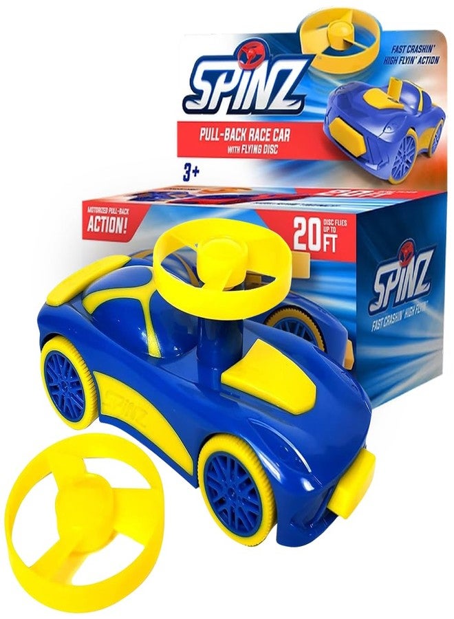 Spinz Race Car with Flying Disc Launcher, Pull Back Bumper Toy Racer, Kids, Boys, Girls Gift, Yellow & Blue, Ages 3+ - Image 1