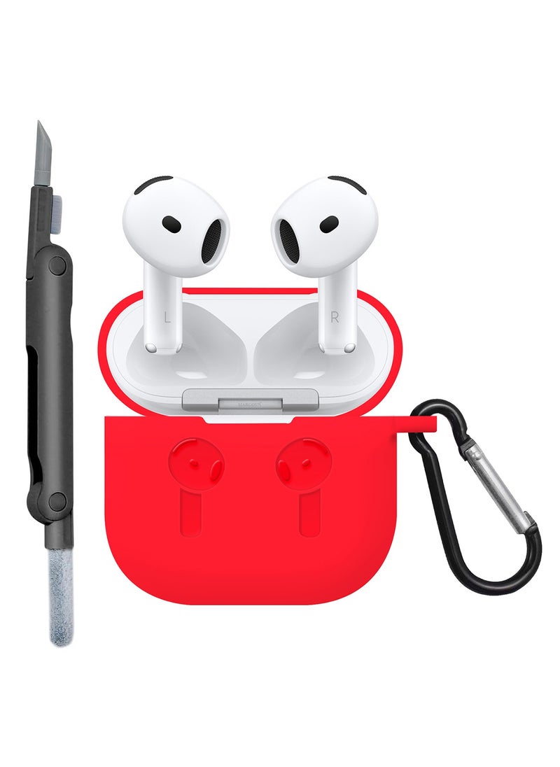 CATANES - ( for Apple Airpods 4 2024 ) Case with Cleaner Kit Shockproof Protective Soft Silicone Case Cover with Carabiner Keychain - Red Case Black Cleaner - Image 1