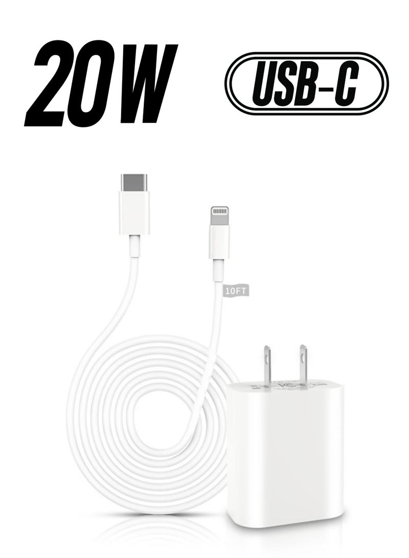 CREHAO iPhone Fast Charger, [Apple MFi Certified] 20W PD USB C Wall Charger Block Plug with 10FT Extra Long Type C to Lightning Fast Charging Data Sync Cable for iPhone 13 12 11 XS XR X 8 iPad and More - Image 1