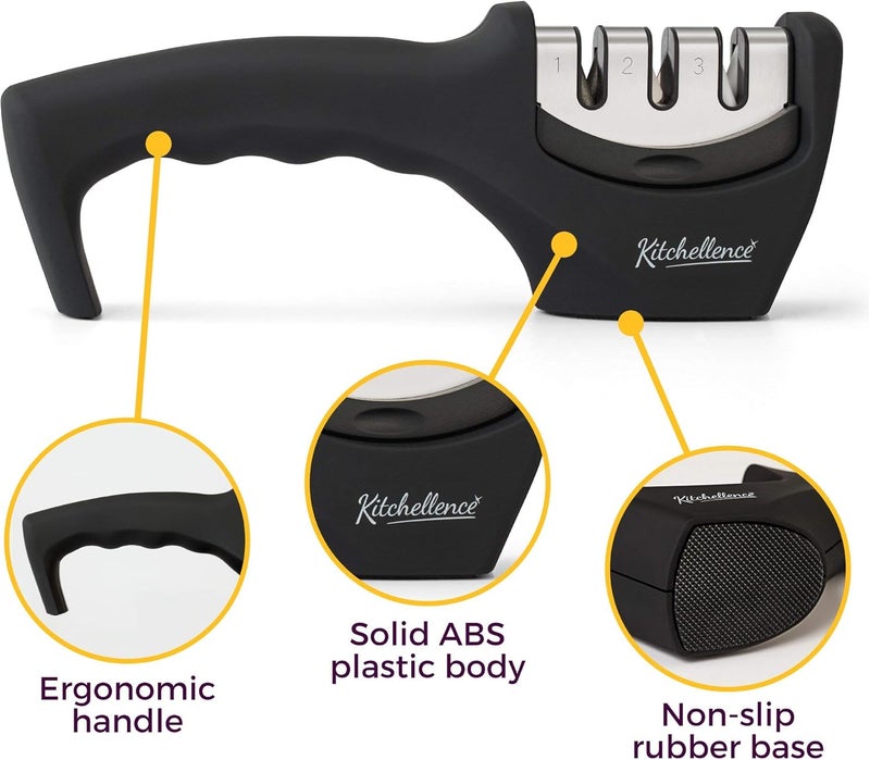 Kitchellence 4-in-1 Kitchen Knife Accessories: 3-Stage Knife Sharpener Helps Repair, Restore, Polish Blades and Cut-Resistant Glove (Black) - Image 3