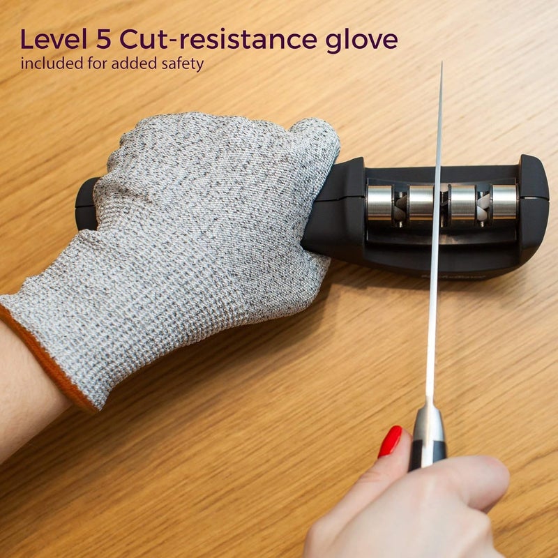 Kitchellence 4-in-1 Kitchen Knife Accessories: 3-Stage Knife Sharpener Helps Repair, Restore, Polish Blades and Cut-Resistant Glove (Black) - Image 5