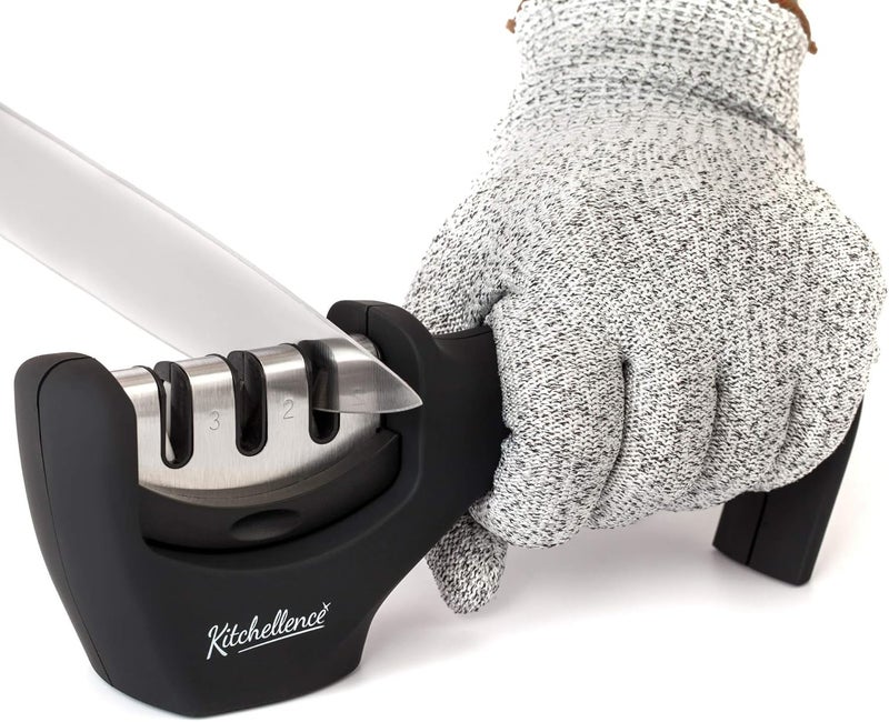 Kitchellence 4-in-1 Kitchen Knife Accessories: 3-Stage Knife Sharpener Helps Repair, Restore, Polish Blades and Cut-Resistant Glove (Black) - Image 1