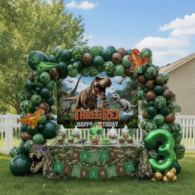 kozee T-Rex Dinosaur Birthday Decorations include Hunter Green Brown Gold balloon arch & small Dino Foil balloons & banner backdrop & footprint stickers for Kids Boys Jungle Safari Dino 3rd Party Supplies - Image 1