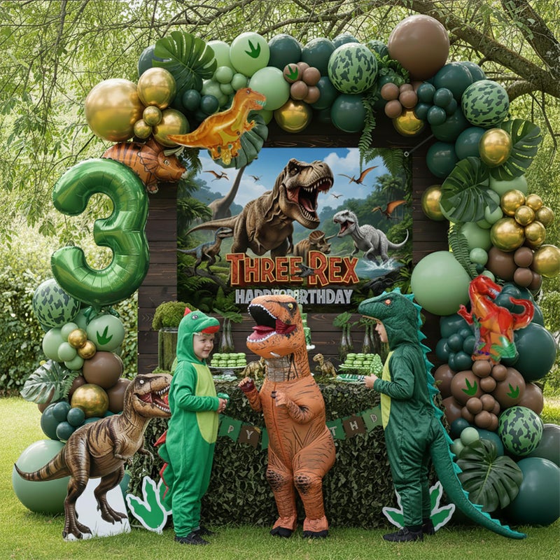 kozee T-Rex Dinosaur Birthday Decorations include Hunter Green Brown Gold balloon arch & small Dino Foil balloons & banner backdrop & footprint stickers for Kids Boys Jungle Safari Dino 3rd Party Supplies - Image 2