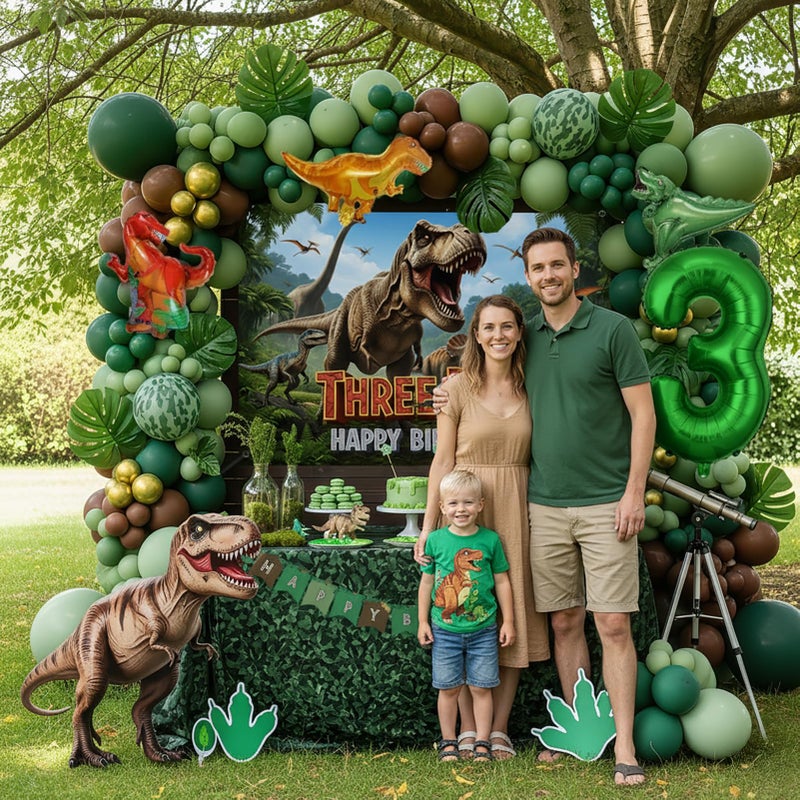 kozee T-Rex Dinosaur Birthday Decorations include Hunter Green Brown Gold balloon arch & small Dino Foil balloons & banner backdrop & footprint stickers for Kids Boys Jungle Safari Dino 3rd Party Supplies - Image 5