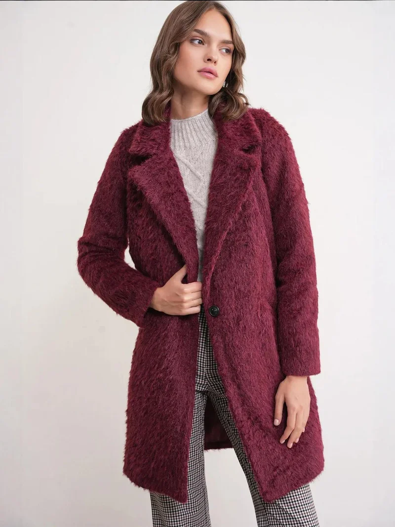 Mixray Burgundy Red Mixray Textured Long Coat with Jacket Collar for Women | Best Price UAE