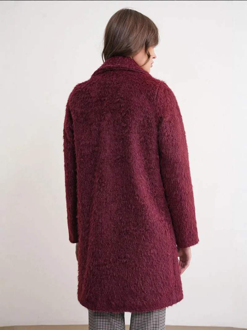 Mixray Burgundy Red Mixray Textured Long Coat with Jacket Collar for Women | Best Price UAE