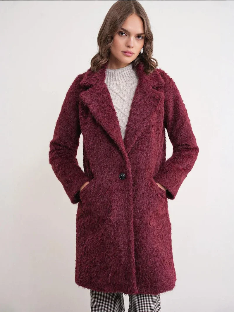 Mixray Burgundy Red Mixray Textured Long Coat with Jacket Collar for Women | Best Price UAE