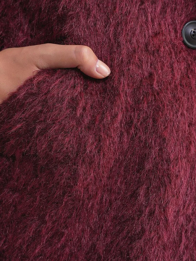 Mixray Burgundy Red Mixray Textured Long Coat with Jacket Collar for Women | Best Price UAE